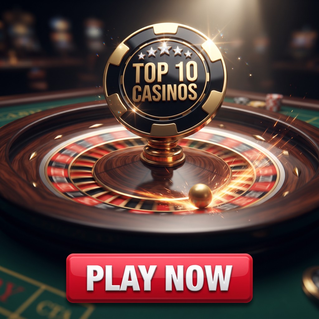 Poker chip reading Top 10 Casinos on a spinning roulette wheel with a Play Now button